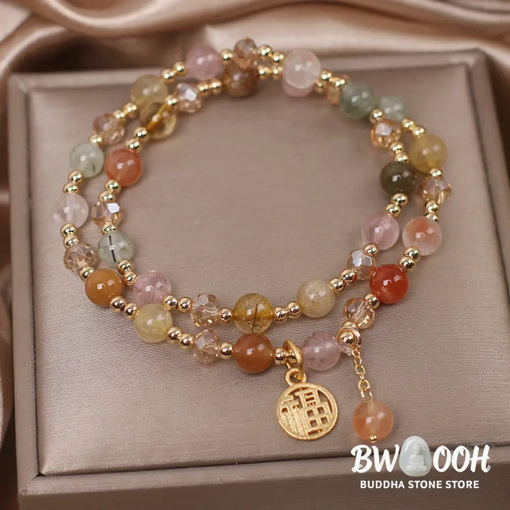 Buddha Stones Multicolored Rutilated Quartz Fu Character Auspiciousness Bracelet - BWOOOH - Rutilated