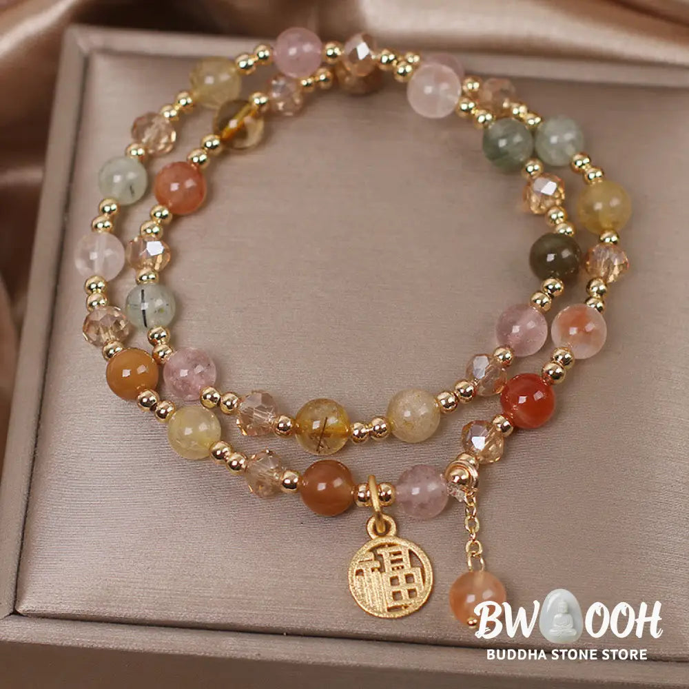 Buddha Stones Multicolored Rutilated Quartz Fu Character Auspiciousness Bracelet - BWOOOH - Rutilated