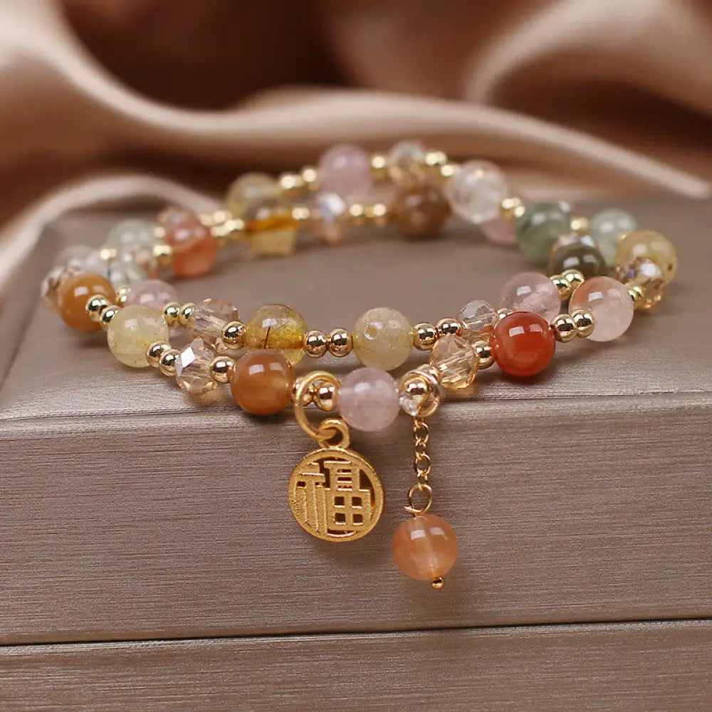 BWOOOH Multicolored Rutilated Quartz Fu Character Auspiciousness Bracelet - BWOOOH - Rutilated