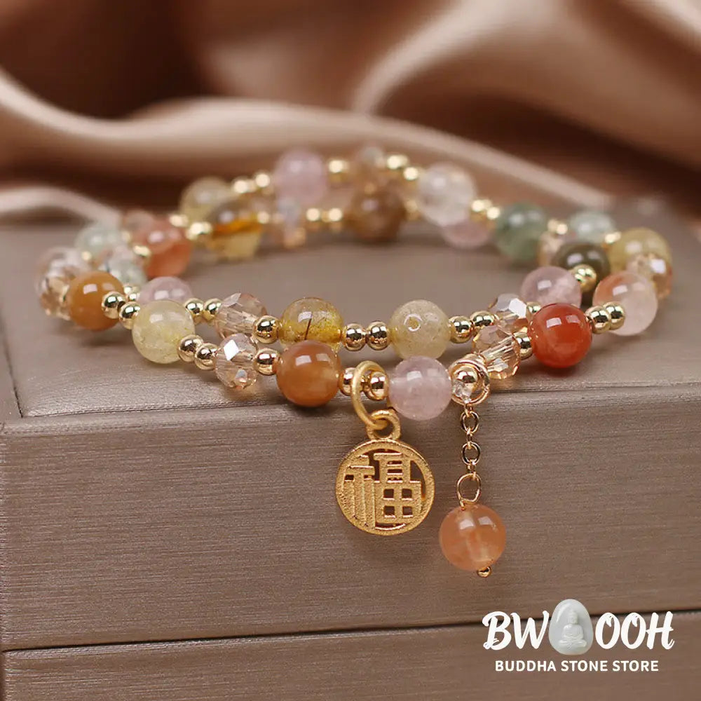 Buddha Stones Multicolored Rutilated Quartz Fu Character Auspiciousness Bracelet - BWOOOH - Rutilated