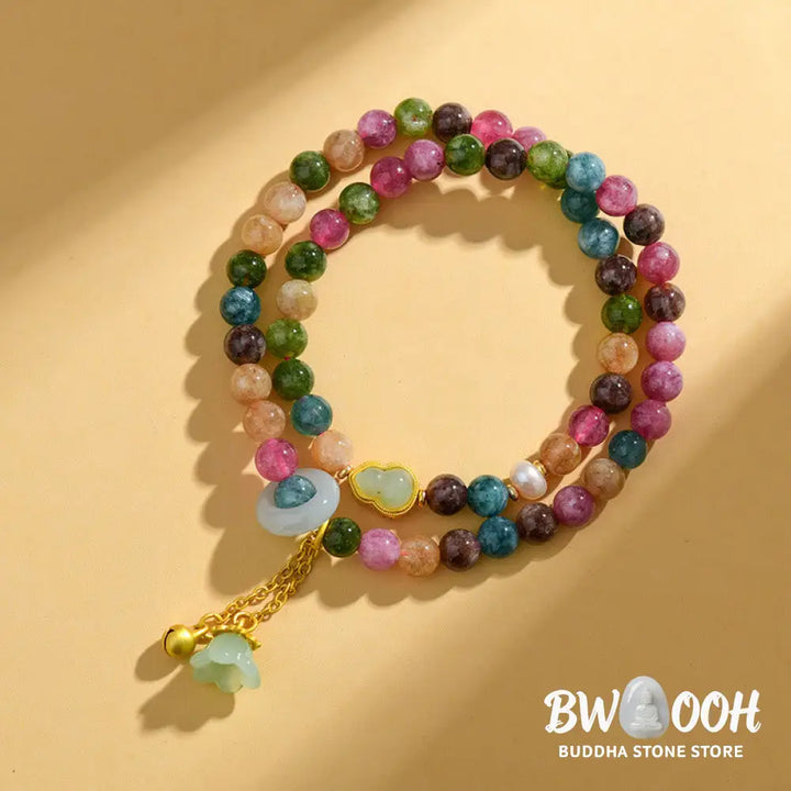 Buddha Stones Multicolored Tourmaline Gourd Wisdom Double Wrap Lily Of The Valley Charm Bracelet - BWOOOH