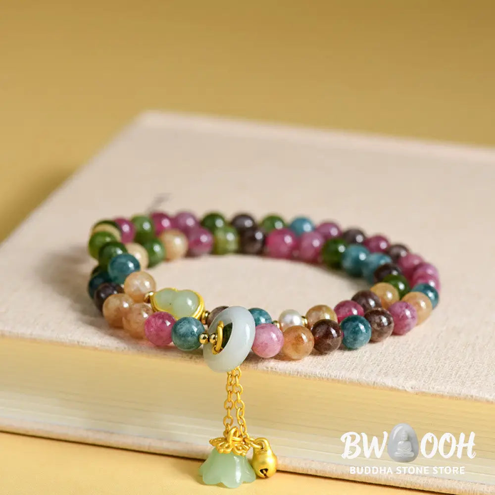 Buddha Stones Multicolored Tourmaline Gourd Wisdom Double Wrap Lily Of The Valley Charm Bracelet - BWOOOH