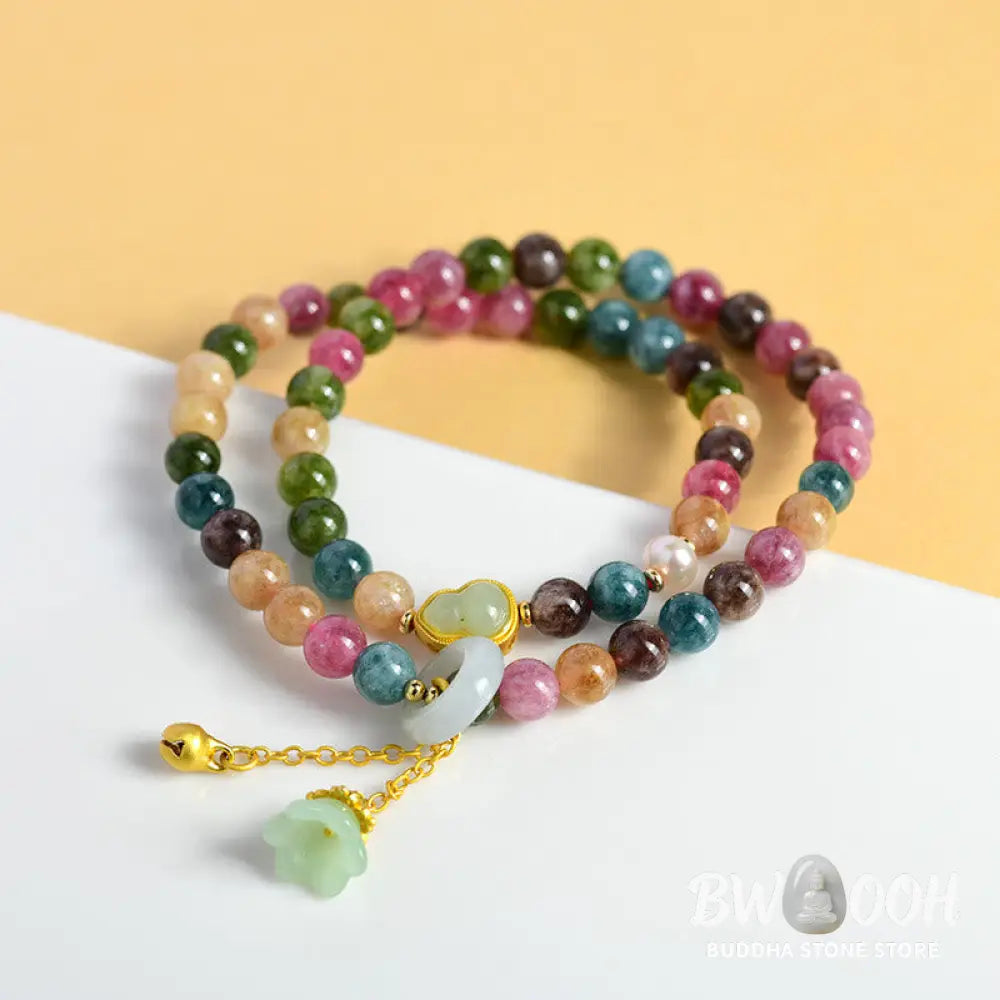 Buddha Stones Multicolored Tourmaline Gourd Wisdom Double Wrap Lily Of The Valley Charm Bracelet - BWOOOH