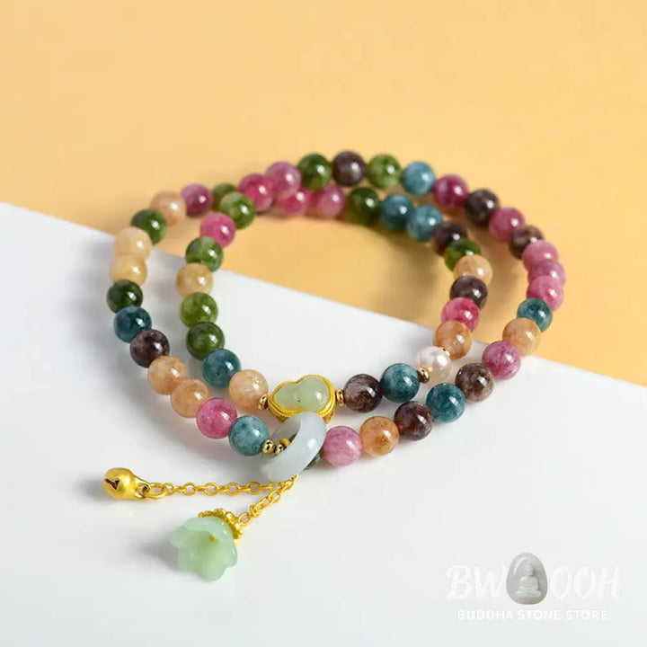Buddha Stones Multicolored Tourmaline Gourd Wisdom Double Wrap Lily Of The Valley Charm Bracelet - BWOOOH