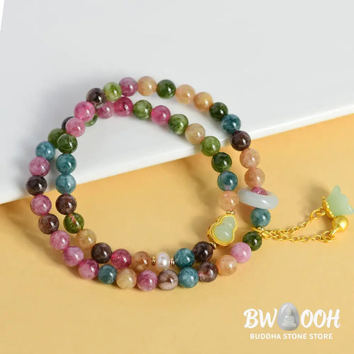 Buddha Stones Multicolored Tourmaline Gourd Wisdom Double Wrap Lily Of The Valley Charm Bracelet - BWOOOH