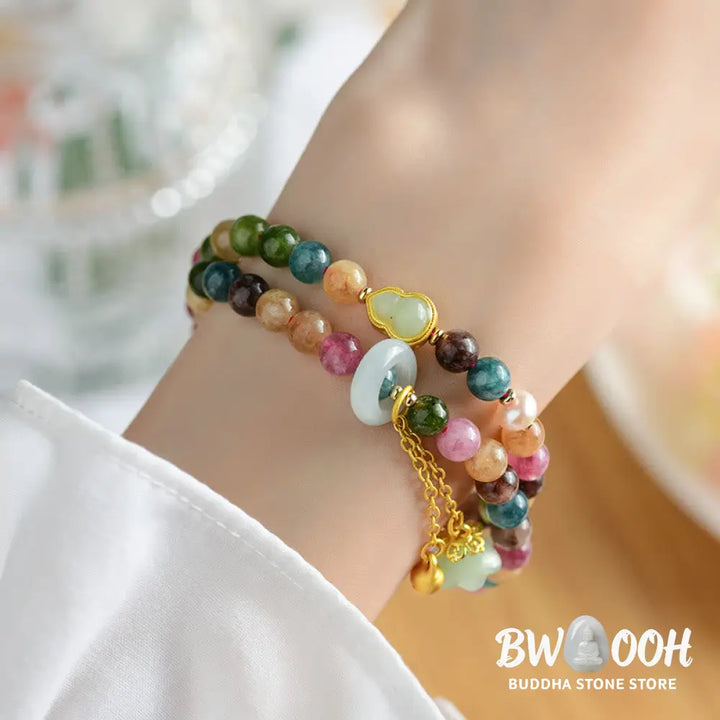 Buddha Stones Multicolored Tourmaline Gourd Wisdom Double Wrap Lily Of The Valley Charm Bracelet - BWOOOH