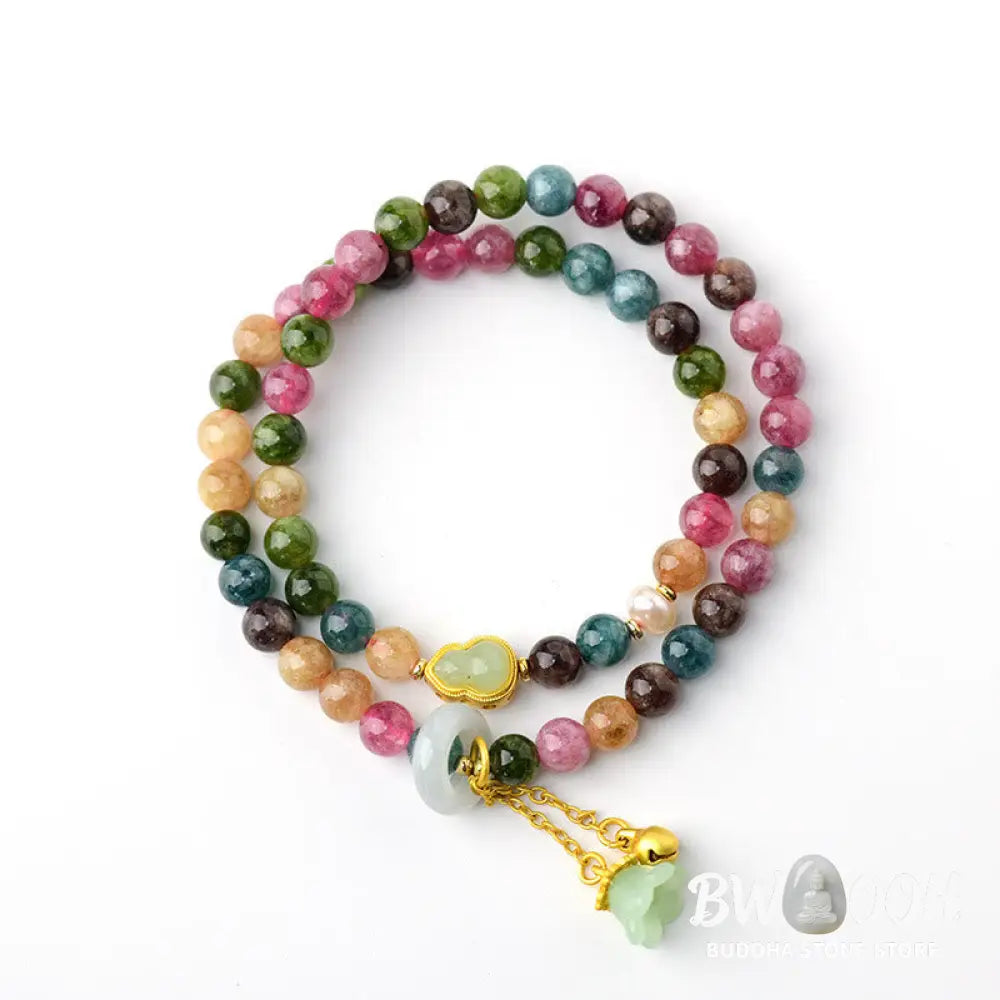Buddha Stones Multicolored Tourmaline Gourd Wisdom Double Wrap Lily Of The Valley Charm Bracelet - BWOOOH