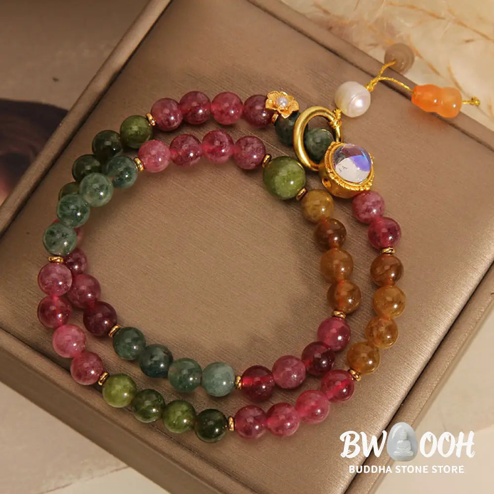 Buddha Stones Multicolored Tourmaline Positive Double Wrap Gourd Charm Bracelet - BWOOOH