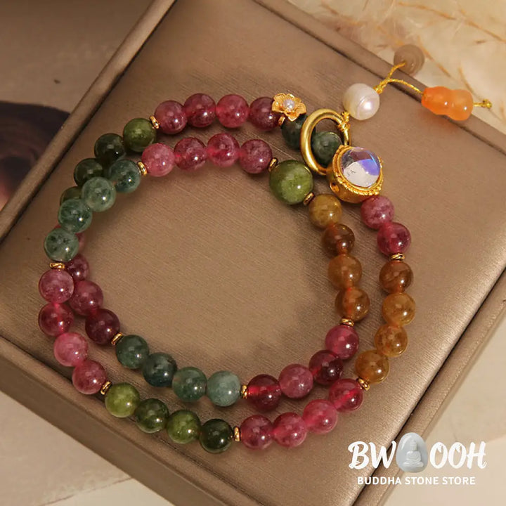 Buddha Stones Multicolored Tourmaline Positive Double Wrap Gourd Charm Bracelet - BWOOOH