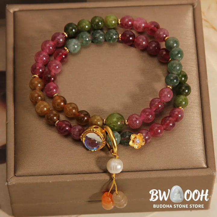 Buddha Stones Multicolored Tourmaline Positive Double Wrap Gourd Charm Bracelet - BWOOOH
