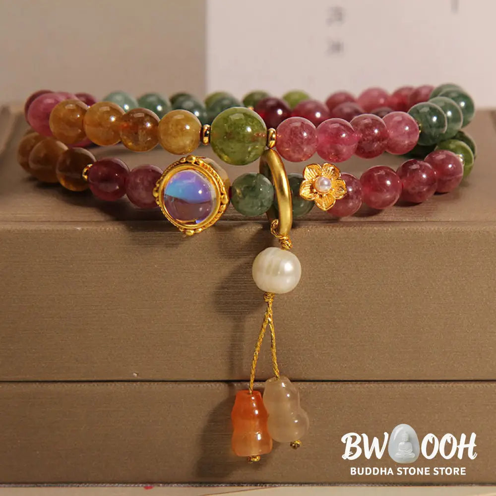Buddha Stones Multicolored Tourmaline Positive Double Wrap Gourd Charm Bracelet - BWOOOH