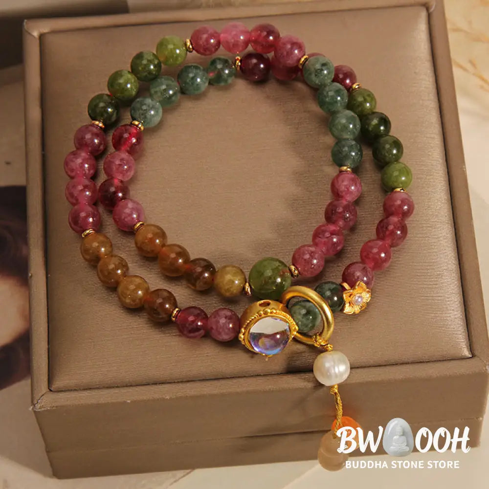 Buddha Stones Multicolored Tourmaline Positive Double Wrap Gourd Charm Bracelet - BWOOOH