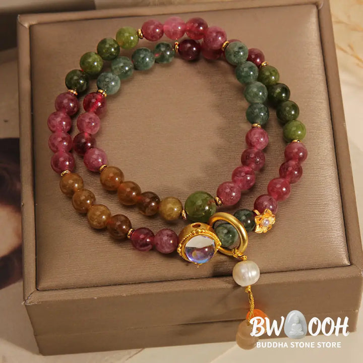 Buddha Stones Multicolored Tourmaline Positive Double Wrap Gourd Charm Bracelet - BWOOOH