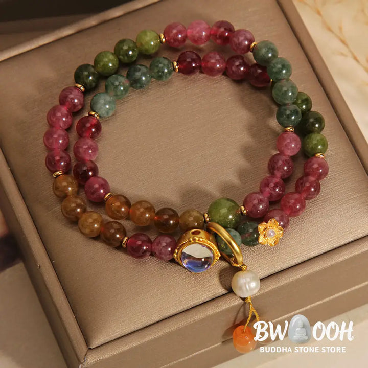 Buddha Stones Multicolored Tourmaline Positive Double Wrap Gourd Charm Bracelet - BWOOOH