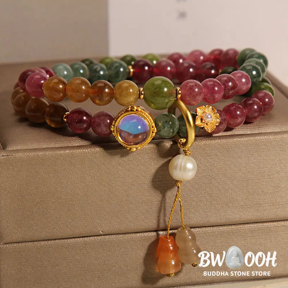 Buddha Stones Multicolored Tourmaline Positive Double Wrap Gourd Charm Bracelet - BWOOOH