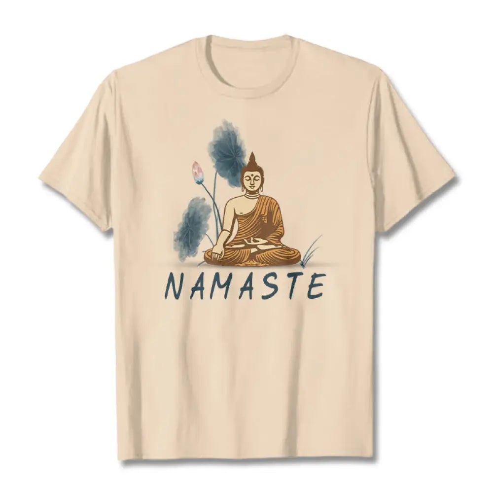 Buddha Stones NAMASTE Buddha Lotus Leaf Tee T-shirt - Bisque / Thin Font NAMASTE / S - T-Shirts