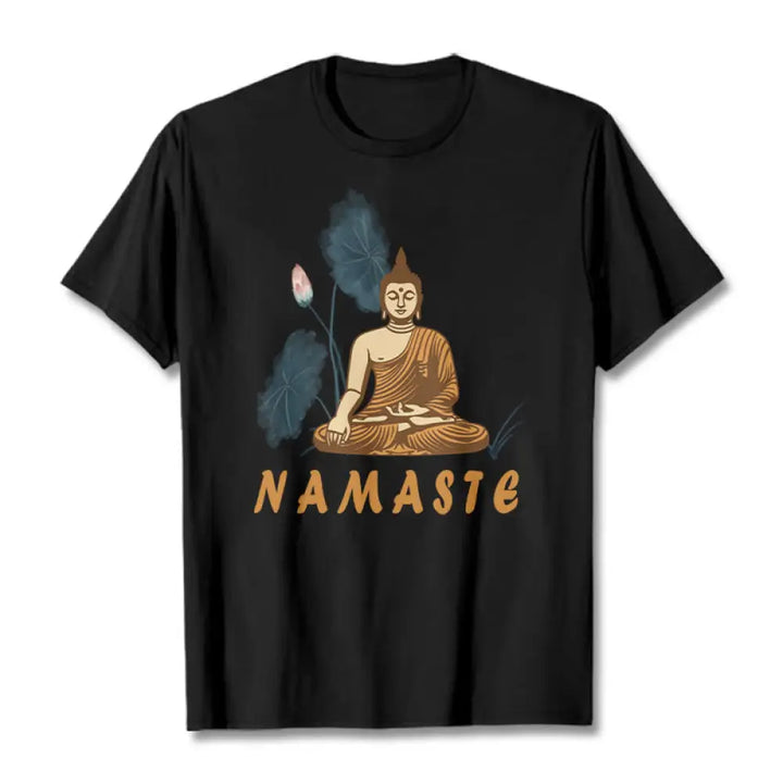Buddha Stones NAMASTE Buddha Lotus Leaf Tee T-shirt - Black / Bold Font NAMASTE / S - T-Shirts