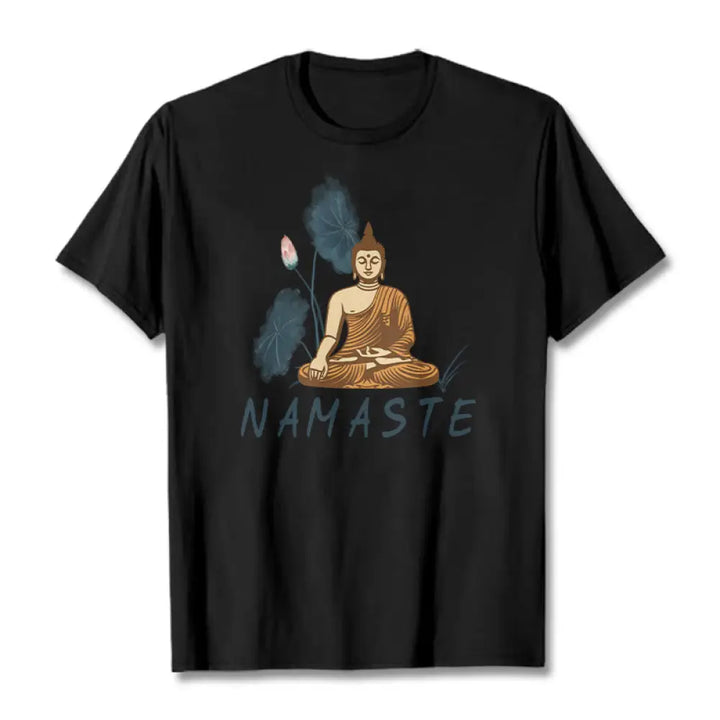 Buddha Stones NAMASTE Buddha Lotus Leaf Tee T-shirt - Black / Thin Font NAMASTE / S - T-Shirts