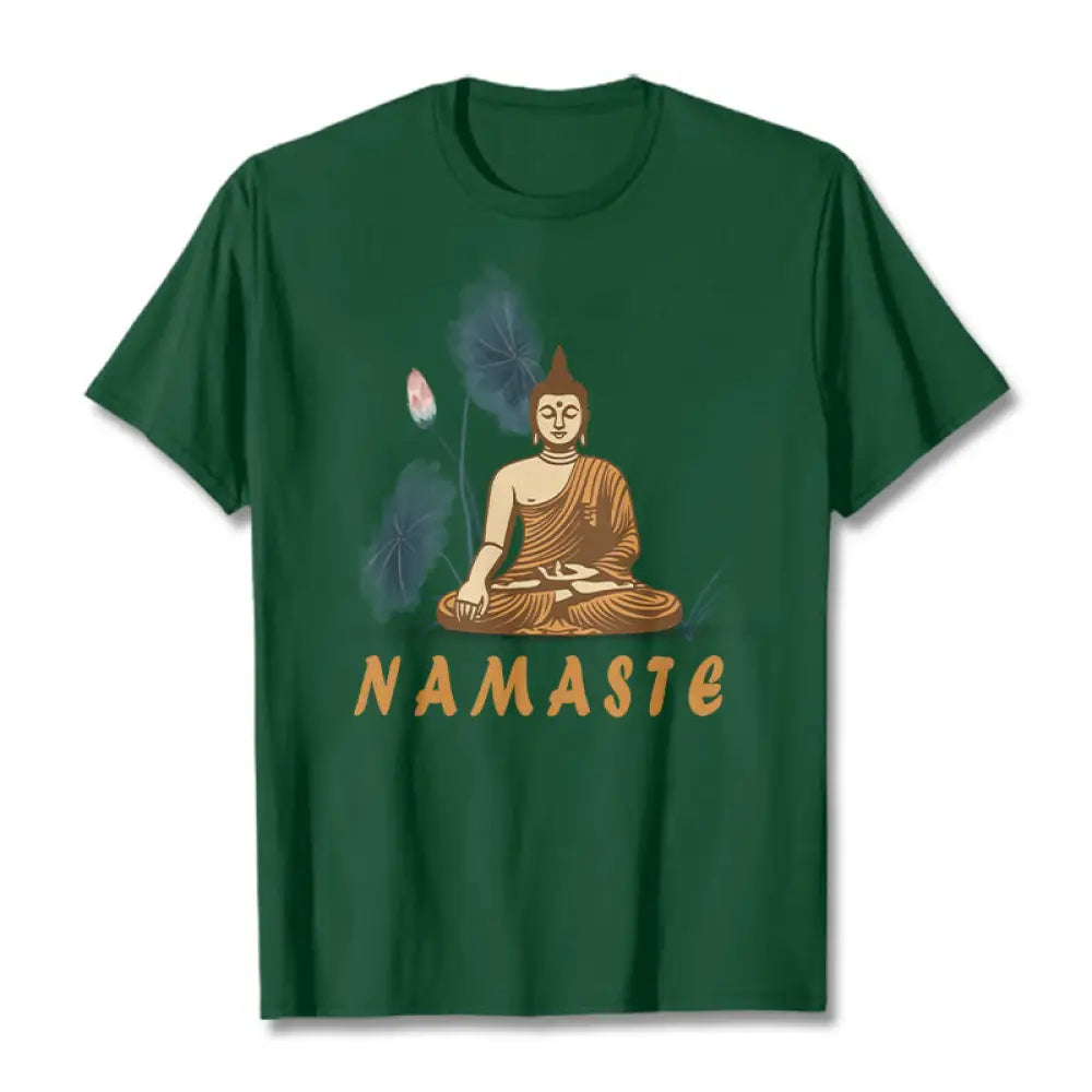 Buddha Stones NAMASTE Buddha Lotus Leaf Tee T-shirt - ForestGreen / Bold Font NAMASTE / S - T-Shirts