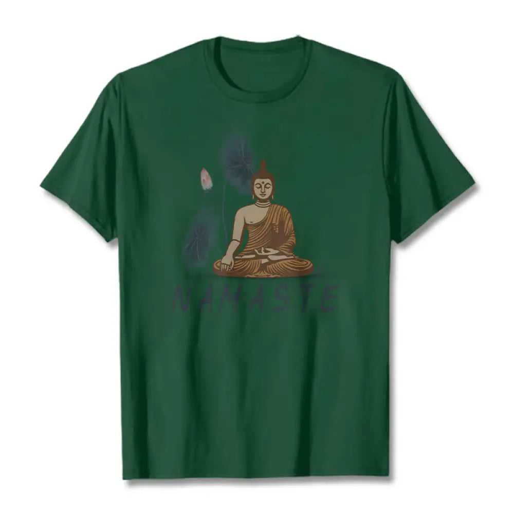Buddha Stones NAMASTE Buddha Lotus Leaf Tee T-shirt - ForestGreen / Thin Font NAMASTE / S - T-Shirts