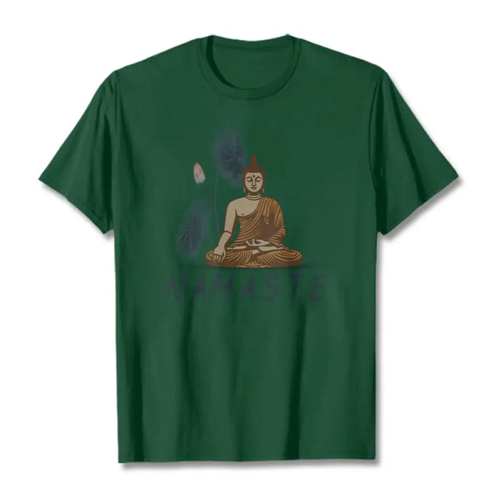 Buddha Stones NAMASTE Buddha Lotus Leaf Tee T-shirt - ForestGreen / Thin Font NAMASTE / S - T-Shirts