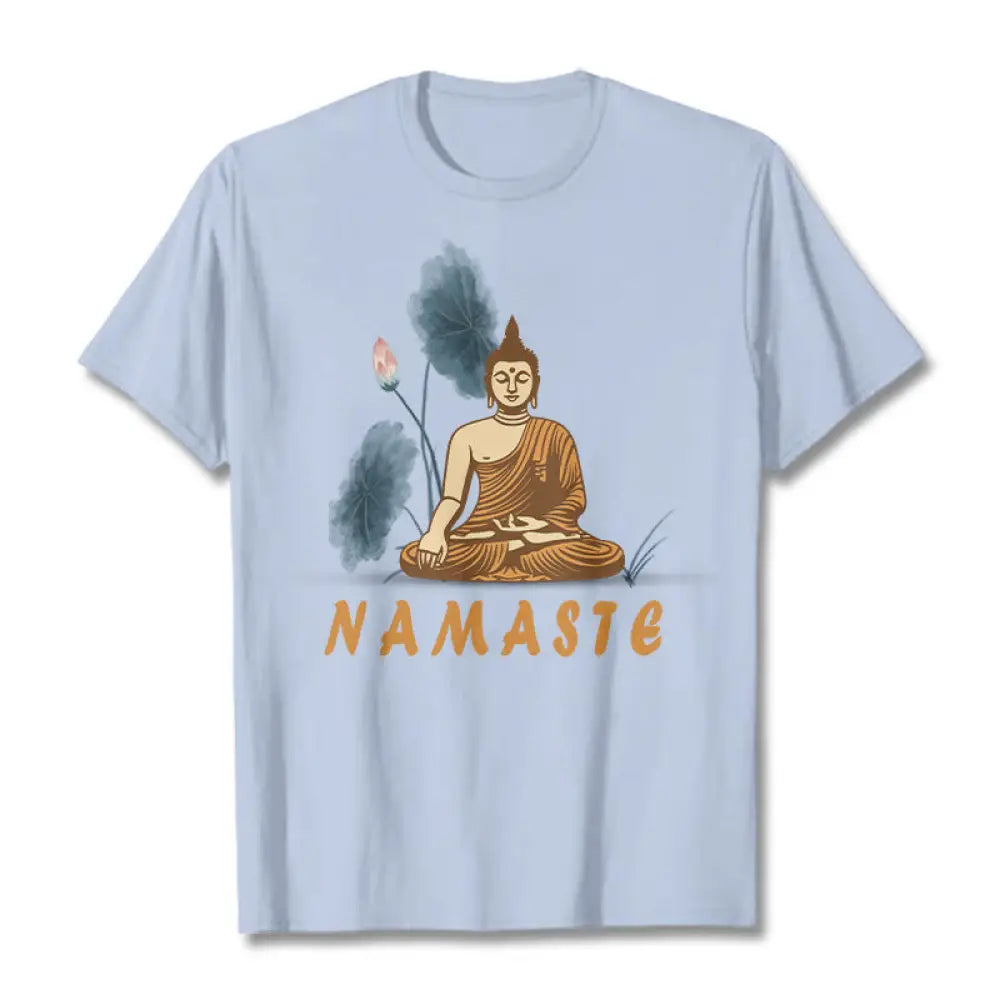 Buddha Stones NAMASTE Buddha Lotus Leaf Tee T-shirt - LightCyan / Bold Font NAMASTE / S - T-Shirts