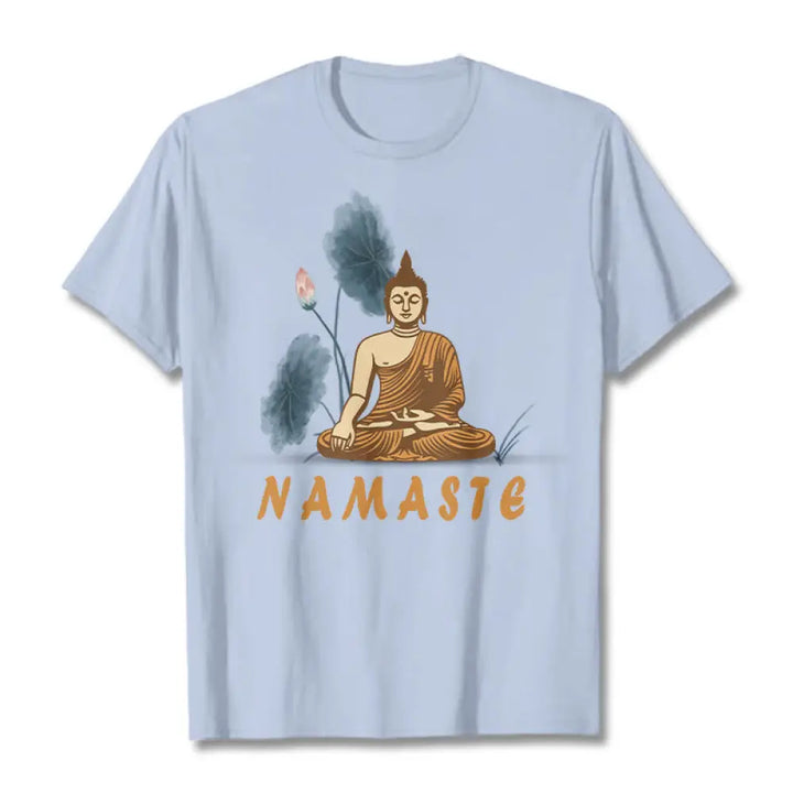 Buddha Stones NAMASTE Buddha Lotus Leaf Tee T-shirt - LightCyan / Bold Font NAMASTE / S - T-Shirts