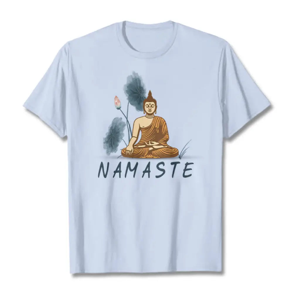 Buddha Stones NAMASTE Buddha Lotus Leaf Tee T-shirt - LightCyan / Thin Font NAMASTE / S - T-Shirts