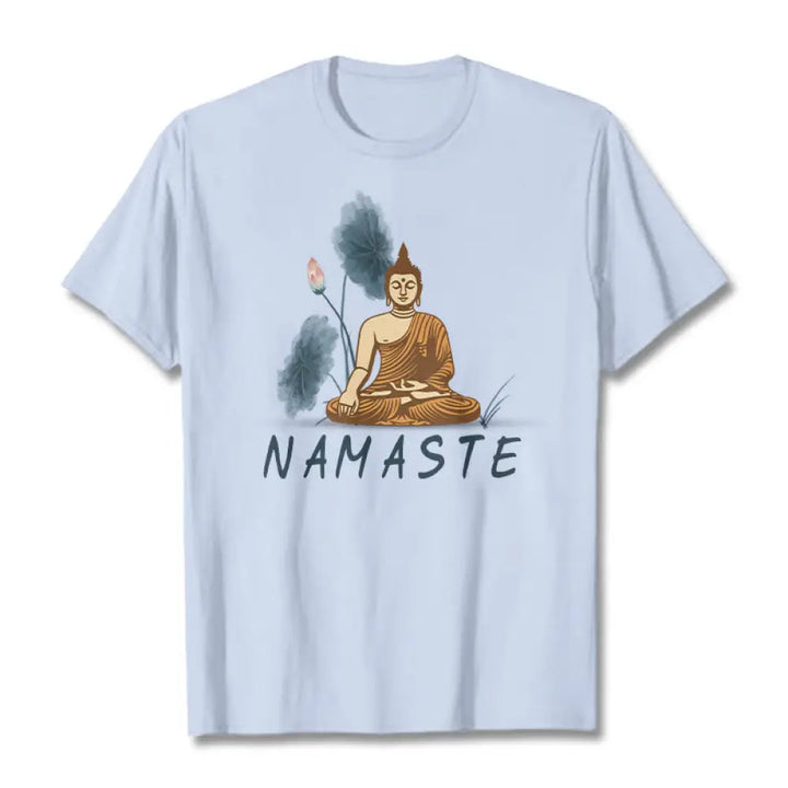 Buddha Stones NAMASTE Buddha Lotus Leaf Tee T-shirt - LightCyan / Thin Font NAMASTE / S - T-Shirts