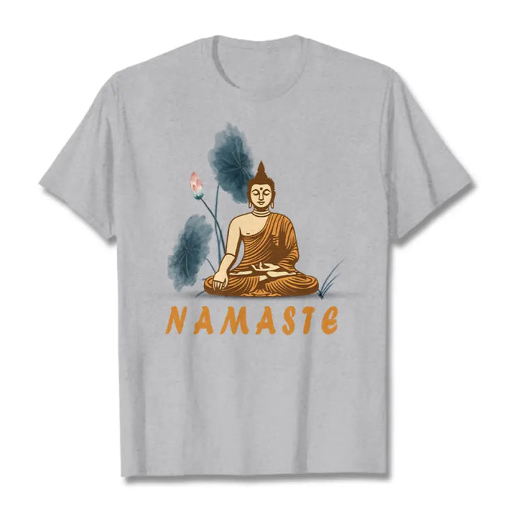 Buddha Stones NAMASTE Buddha Lotus Leaf Tee T-shirt - LightGrey / Bold Font NAMASTE / S - T-Shirts