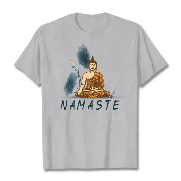 Buddha Stones NAMASTE Buddha Lotus Leaf Tee T-shirt - LightGrey / Thin Font NAMASTE / S - T-Shirts