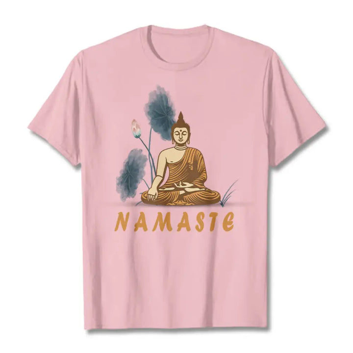 Buddha Stones NAMASTE Buddha Lotus Leaf Tee T-shirt - LightPink / Bold Font NAMASTE / S - T-Shirts