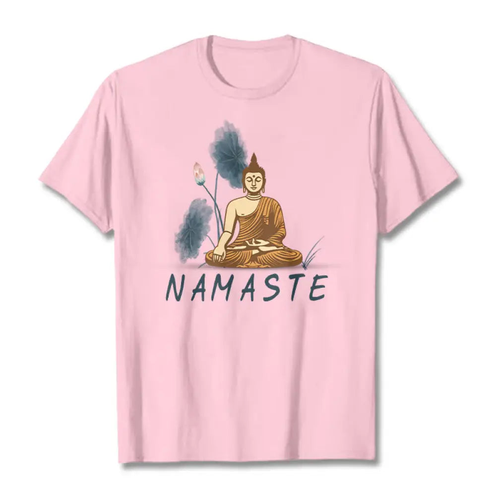 Buddha Stones NAMASTE Buddha Lotus Leaf Tee T-shirt - LightPink / Thin Font NAMASTE / S - T-Shirts