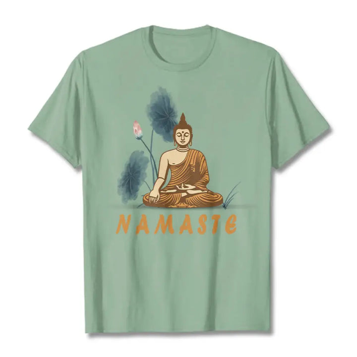 Buddha Stones NAMASTE Buddha Lotus Leaf Tee T-shirt - PaleGreen / Bold Font NAMASTE / S - T-Shirts