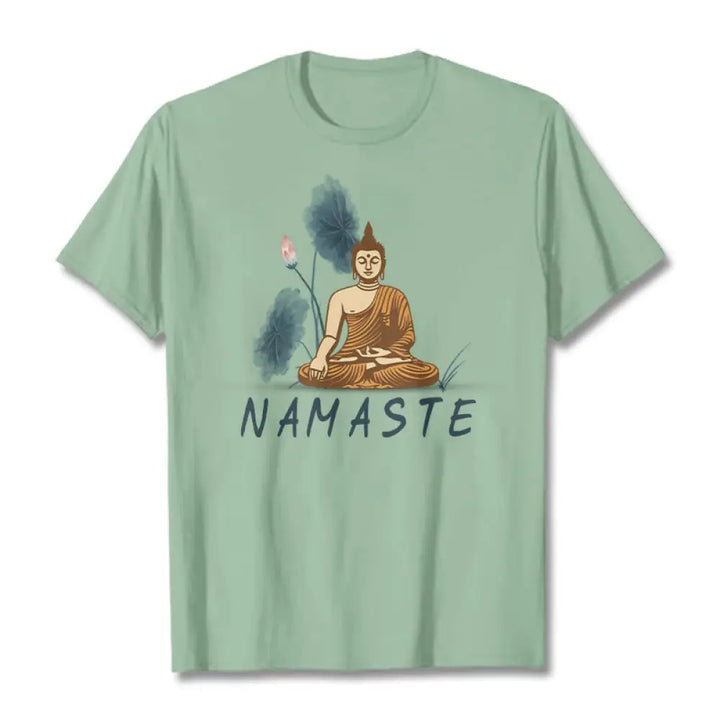 Buddha Stones NAMASTE Buddha Lotus Leaf Tee T-shirt - PaleGreen / Thin Font NAMASTE / S - T-Shirts