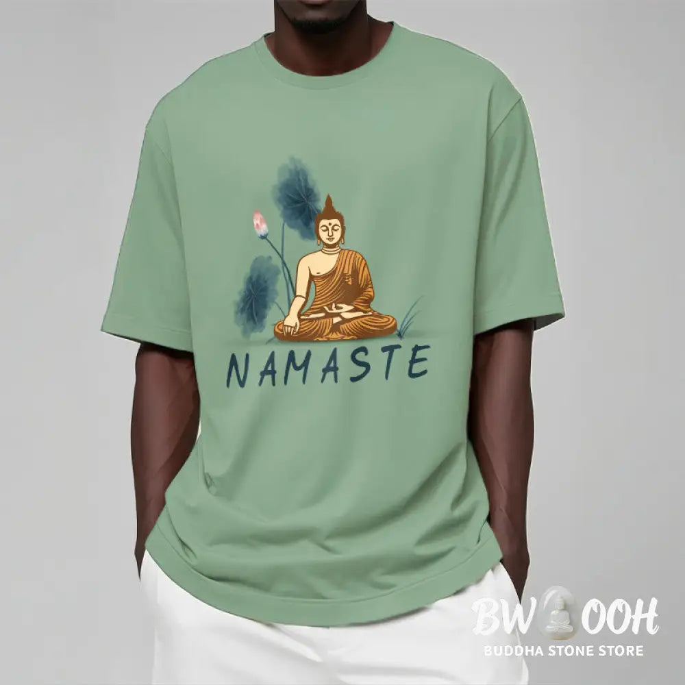 Buddha Stones NAMASTE Buddha Lotus Leaf Tee T-shirt - T-Shirts