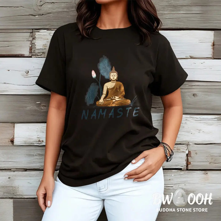 Buddha Stones NAMASTE Buddha Lotus Leaf Tee T-shirt - T-Shirts