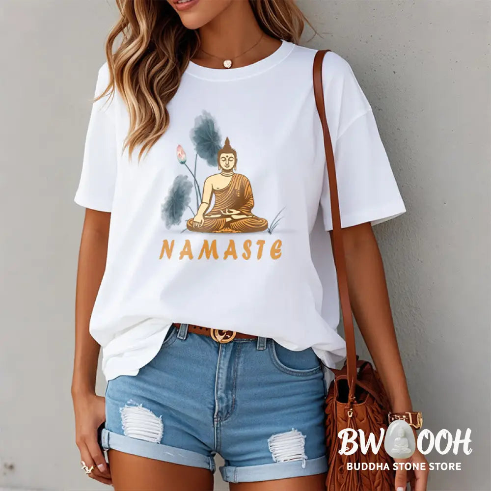 Buddha Stones NAMASTE Buddha Lotus Leaf Tee T-shirt - T-Shirts