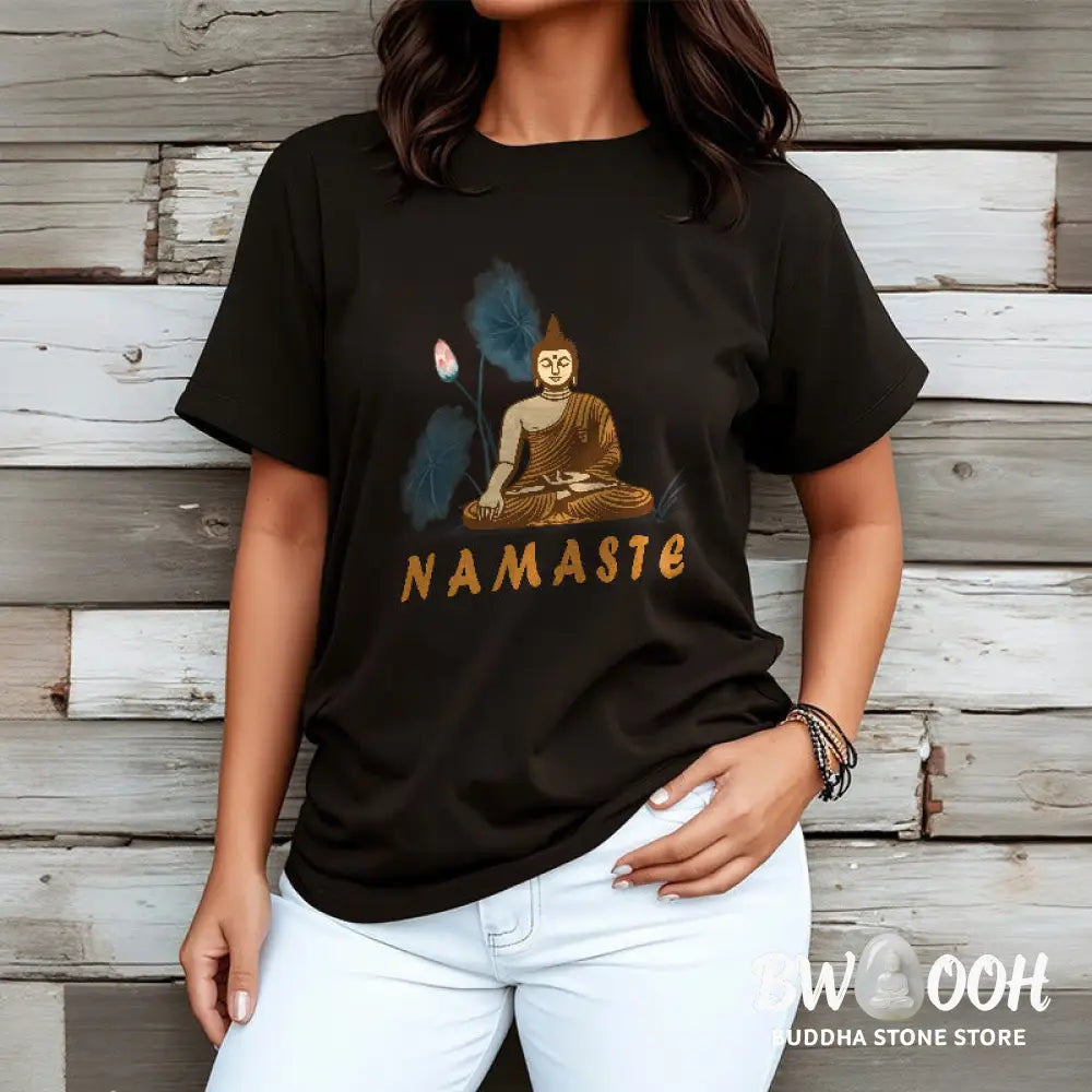 Buddha Stones NAMASTE Buddha Lotus Leaf Tee T-shirt - T-Shirts