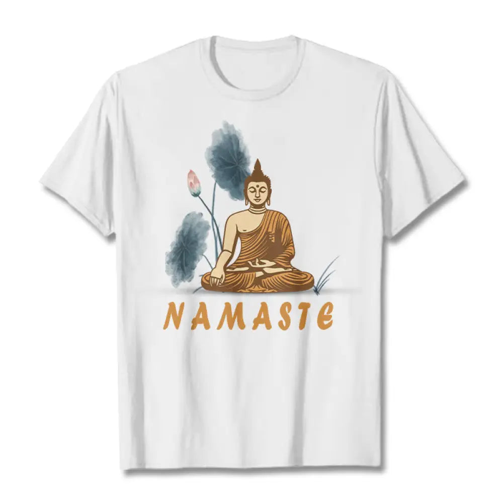 Buddha Stones NAMASTE Buddha Lotus Leaf Tee T-shirt - White / Bold Font NAMASTE / S - T-Shirts