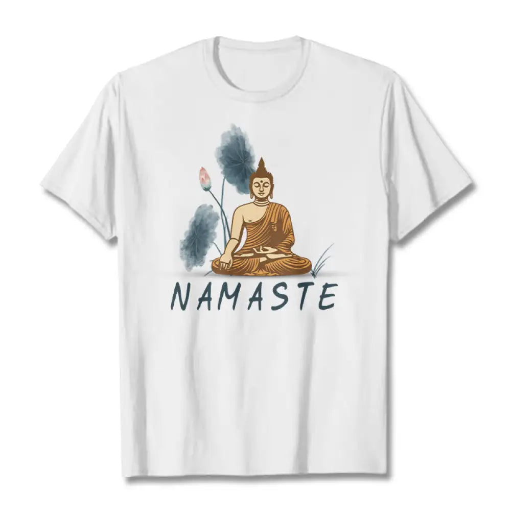 Buddha Stones NAMASTE Buddha Lotus Leaf Tee T-shirt - White / Thin Font NAMASTE / S - T-Shirts