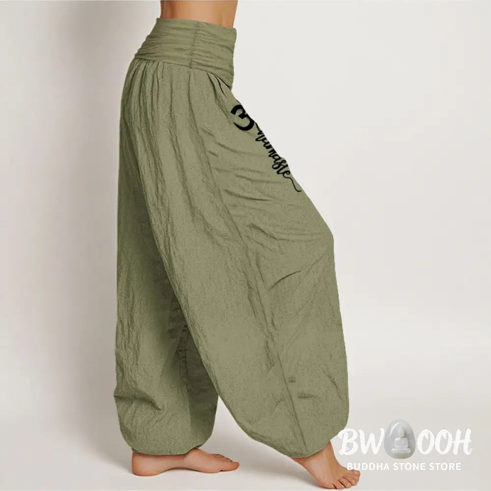 Buddha Stones Namaste Om Pattern Women’s Pure Cotton Elastic Waist Harem Pants - Women’s Harem Pants