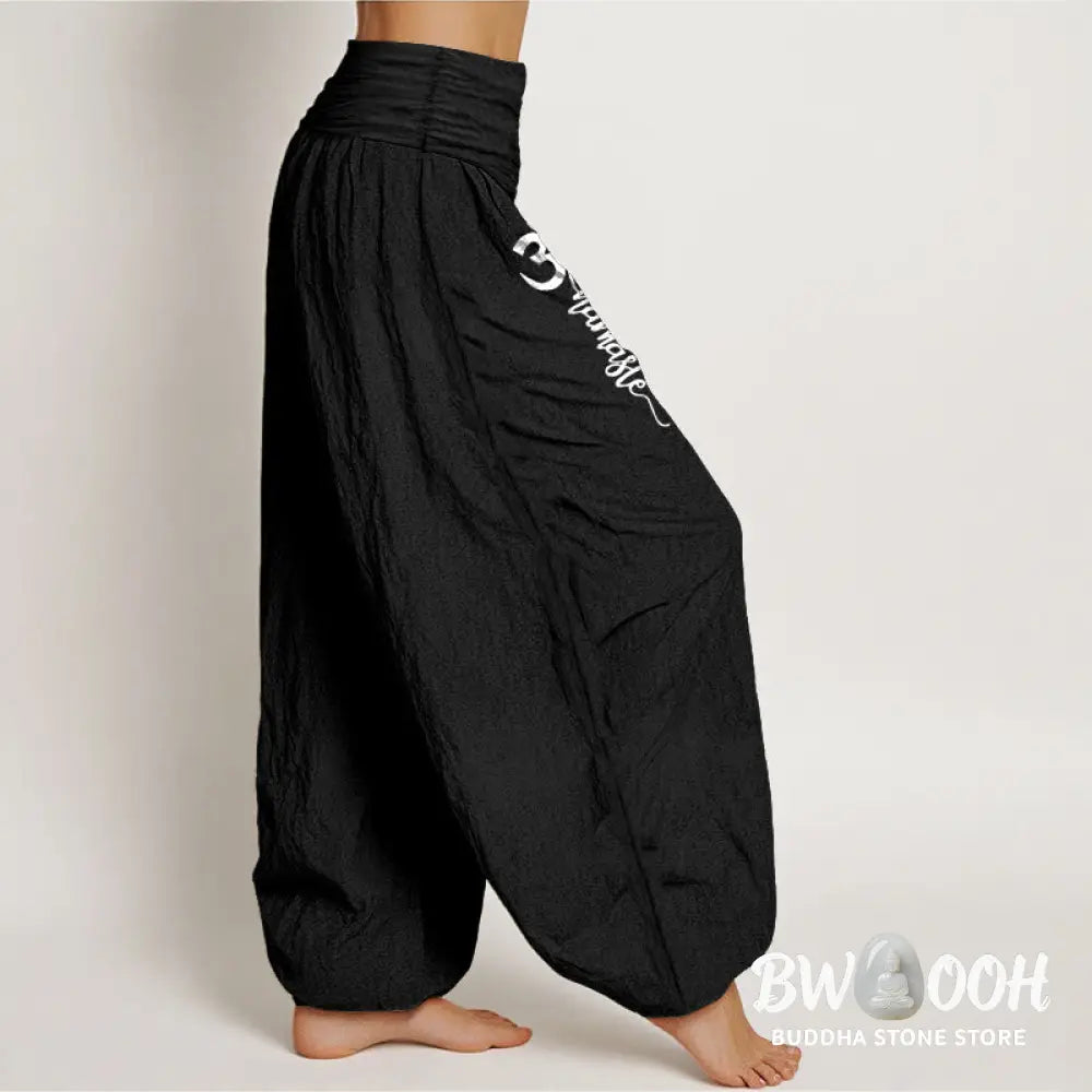 Buddha Stones Namaste Om Pattern Women’s Pure Cotton Elastic Waist Harem Pants - Women’s Harem Pants