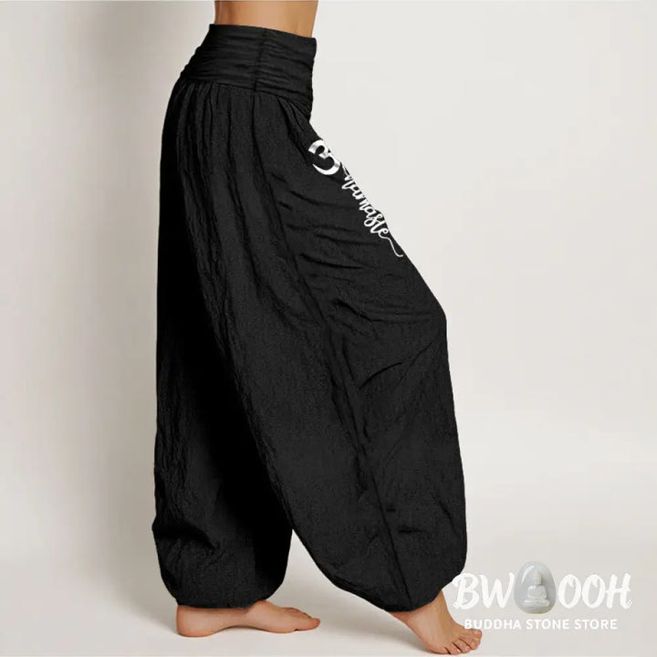 Buddha Stones Namaste Om Pattern Women’s Pure Cotton Elastic Waist Harem Pants - Women’s Harem Pants
