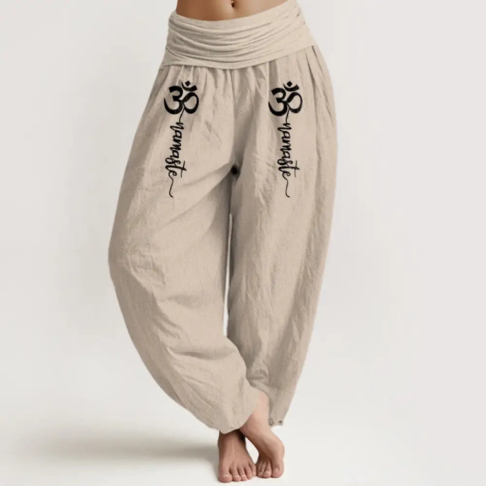 Buddha Stones Namaste Om Pattern Women’s Pure Cotton Elastic Waist Harem Pants - Beige / US2，UK/AU6，EU34 (XS) - Women’s