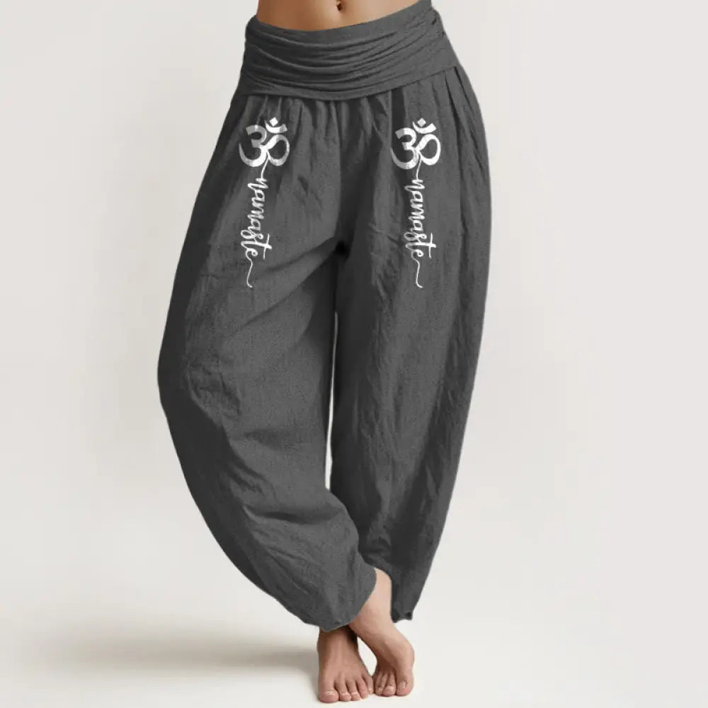 Buddha Stones Namaste Om Pattern Women’s Pure Cotton Elastic Waist Harem Pants - DimGray / US2，UK/AU6，EU34 (XS)