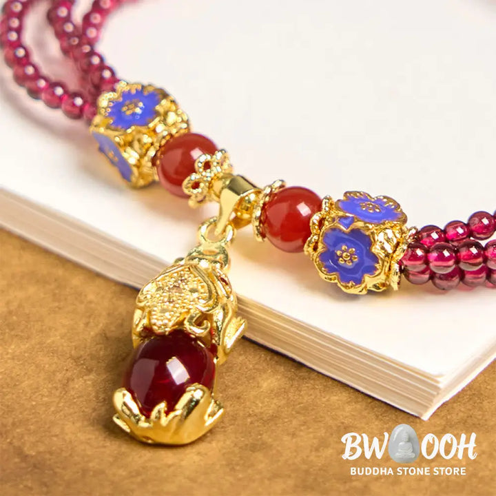 Buddha Stones Natural 3mm Garnet Beads PiXiu Flower Purification Multilayer Bracelet - BWOOOH - Garnet(Wrist