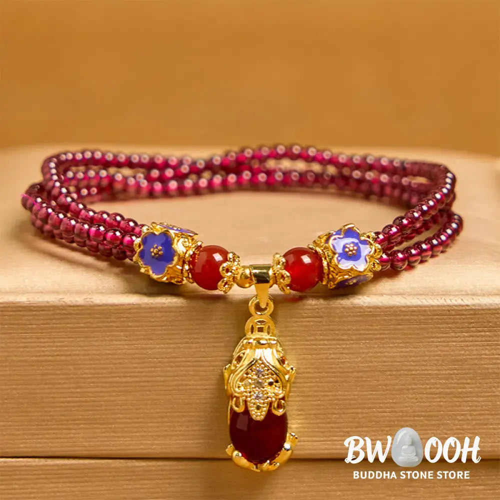 Buddha Stones Natural 3mm Garnet Beads PiXiu Flower Purification Multilayer Bracelet - BWOOOH - Garnet(Wrist