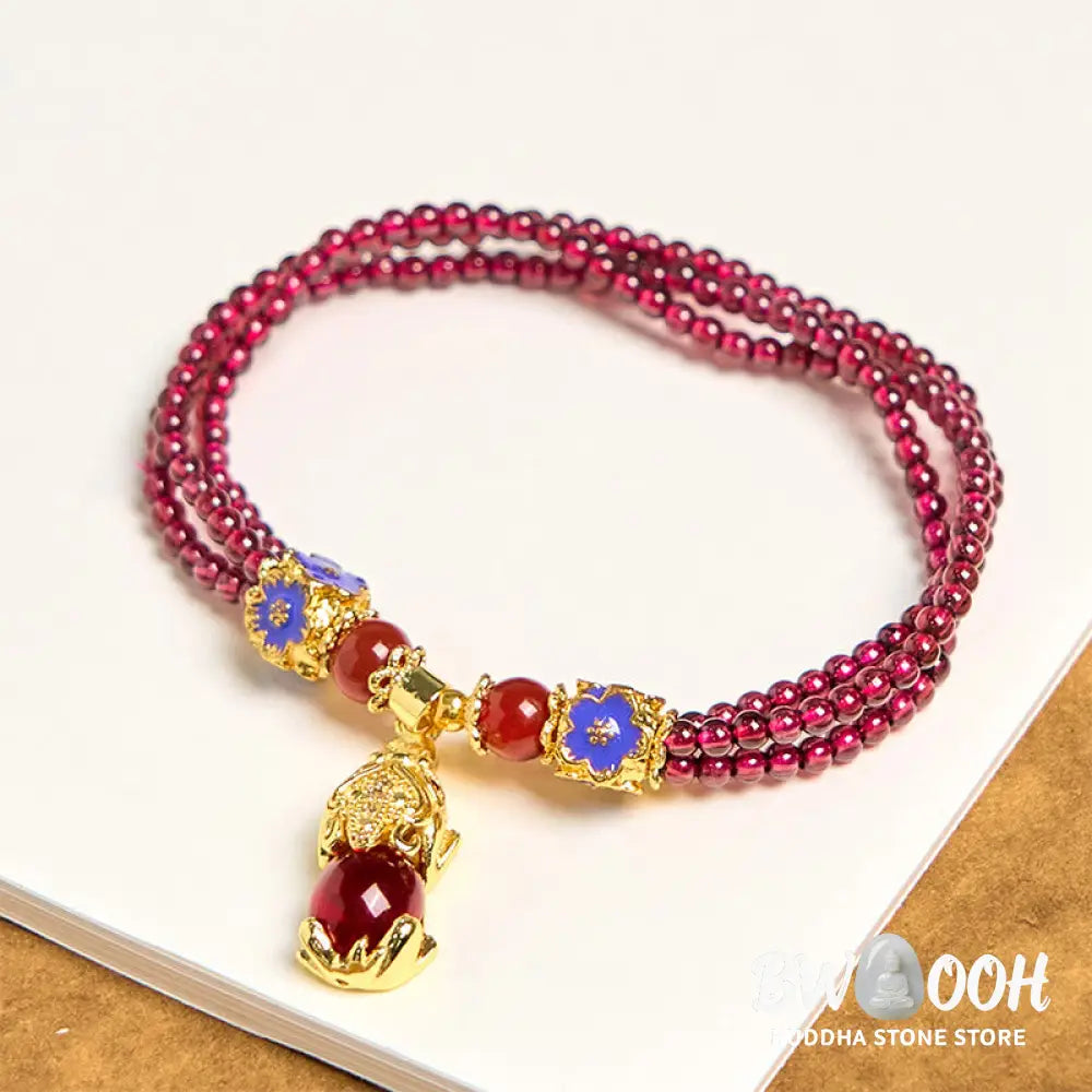 Buddha Stones Natural 3mm Garnet Beads PiXiu Flower Purification Multilayer Bracelet - BWOOOH - Garnet(Wrist
