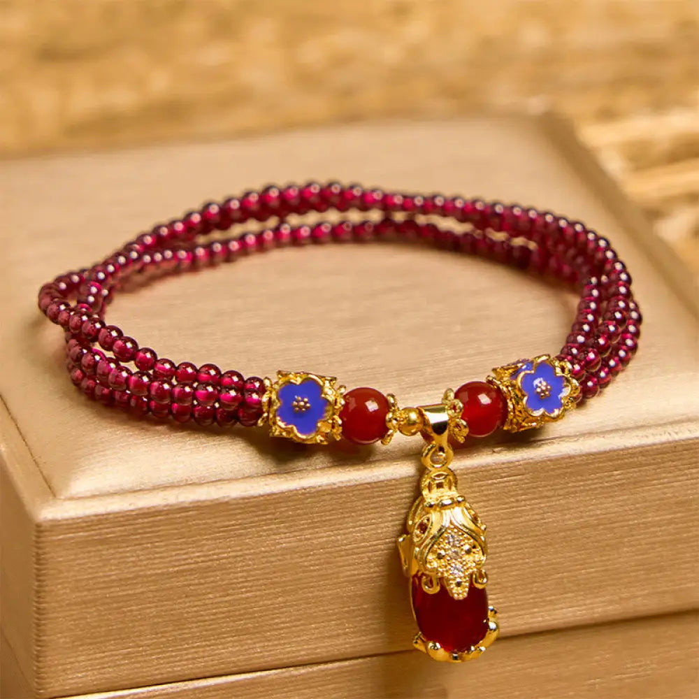 BWOOOH Natural 3mm Garnet Beads PiXiu Flower Purification Multilayer Bracelet — Garnet feng shui bracelet for spiritual he...